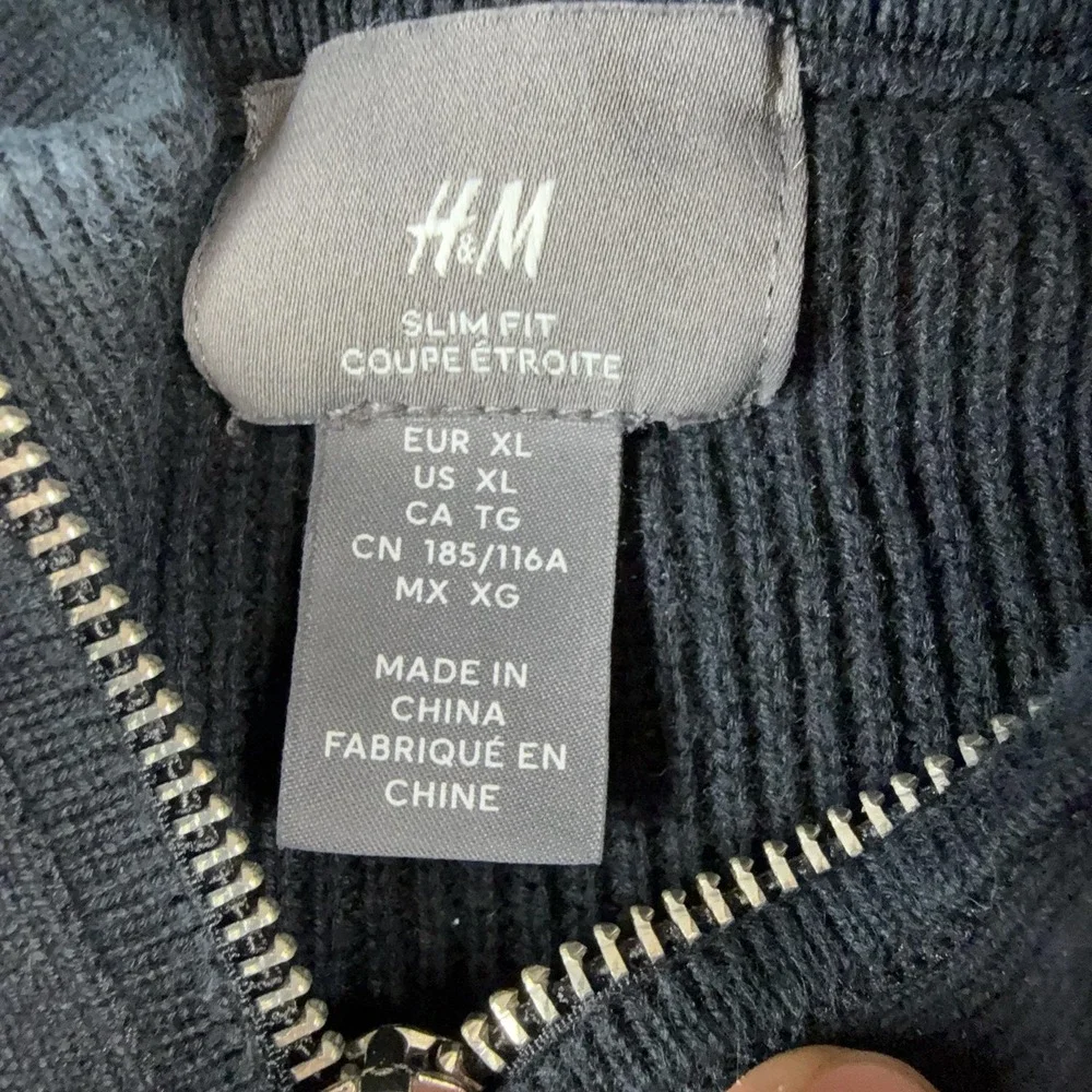 H&M Sweater Mens XL Black 1/4 Zip Mock Neck Cotton Knit Pullover Slim Fit Casual